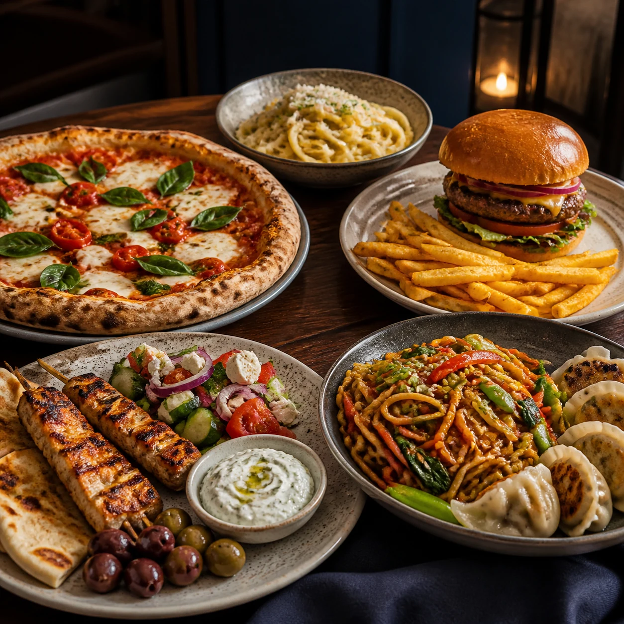 Auswahl aus italienischen, griechischen und asiatischen Gerichten sowie Burger und Pommes