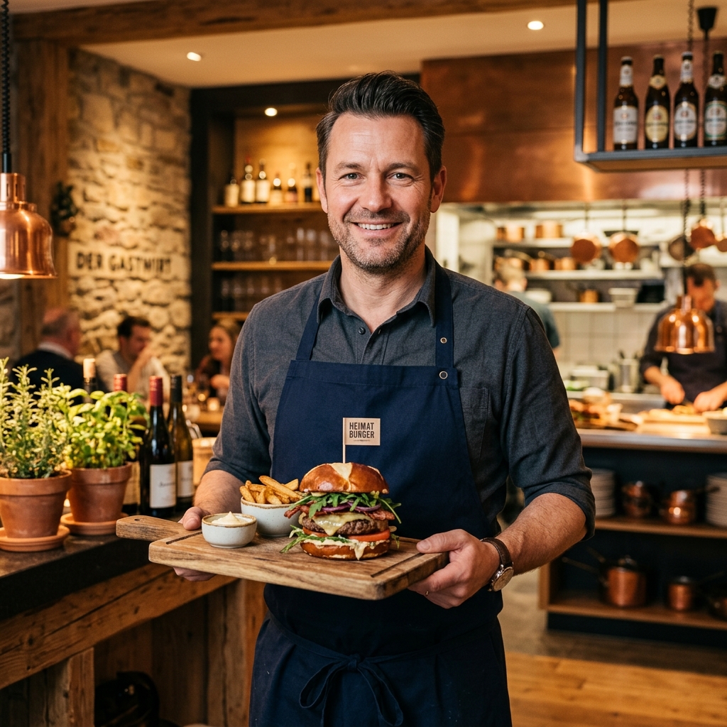 Gastronom mit Burger und Pommes in seinem Restaurant